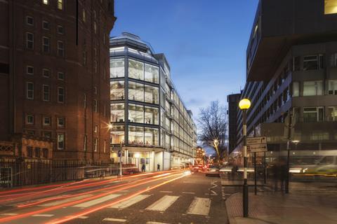 UCLH proton beam therapy centre: View of main entrance on Grafton Way